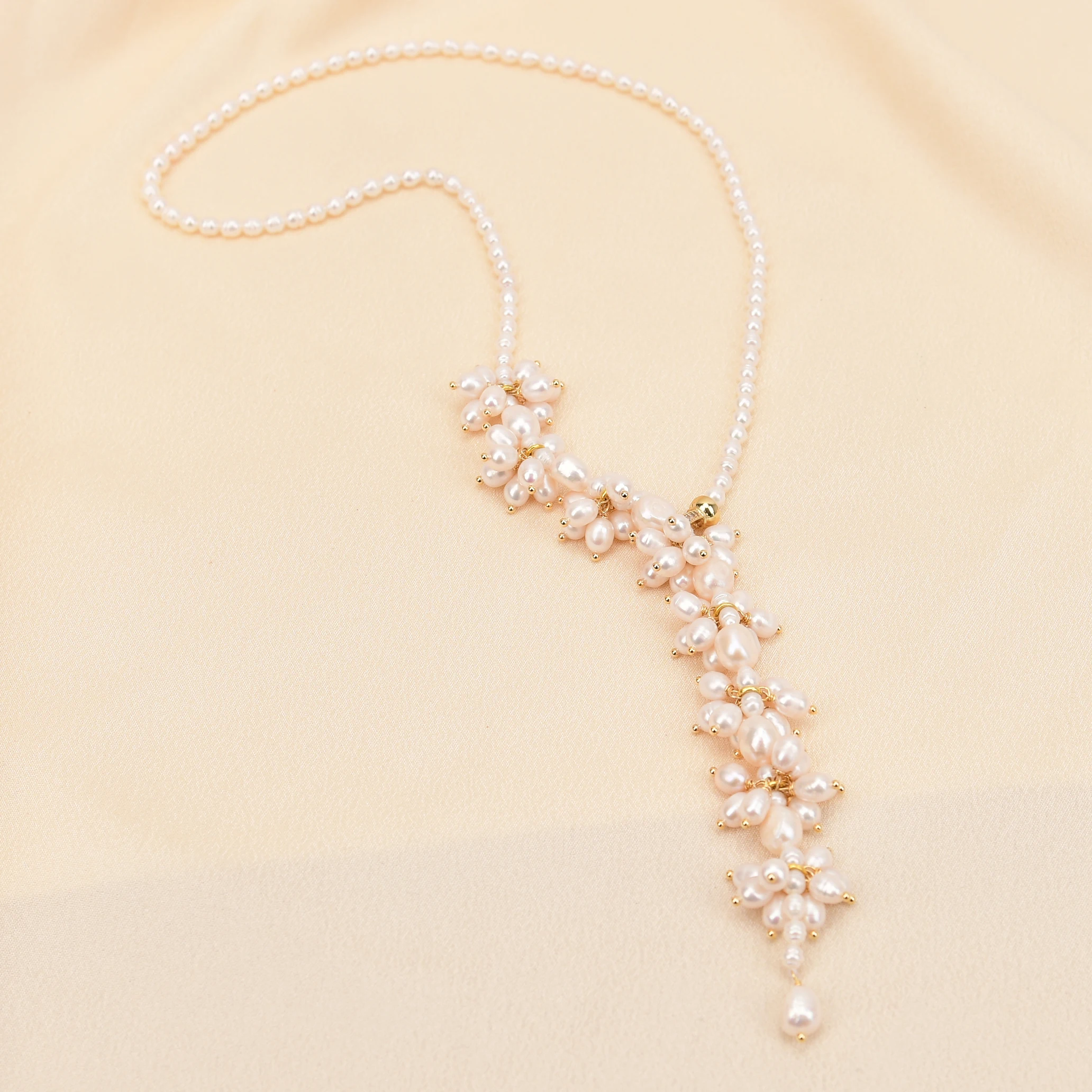 G-G 24'' Cultured White Rice Pearl Simple Style Necklace Cz Zircon Hook Handmade Jewelry
