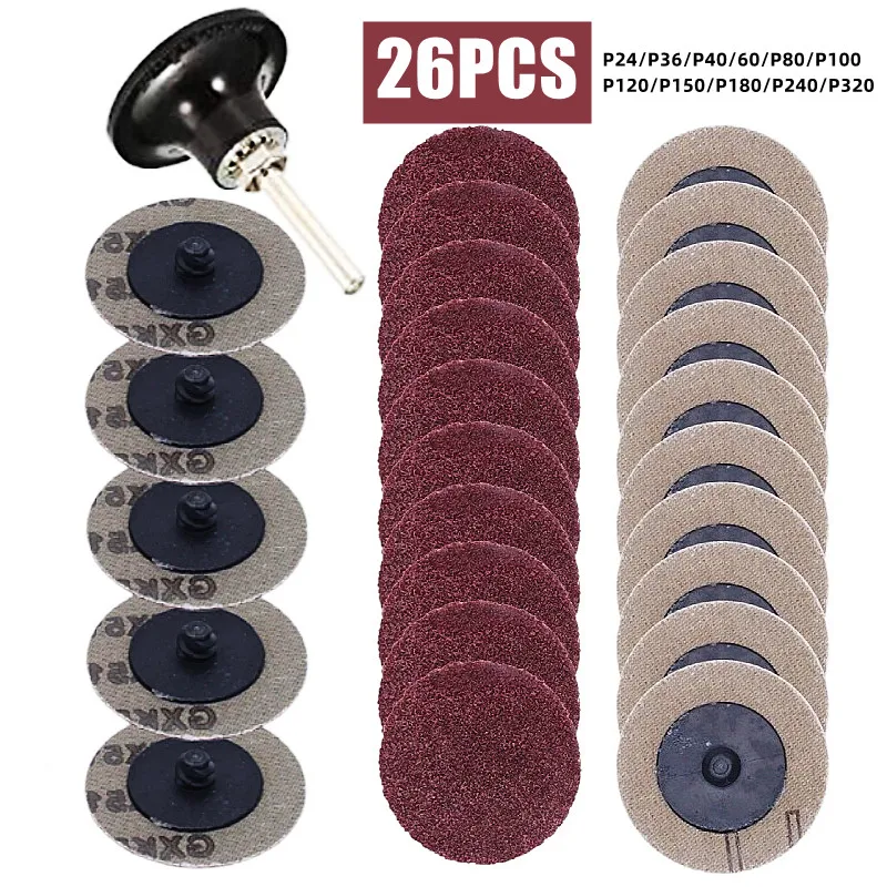 26pcs/Set 50mm Sanding Disc for Roloc Polishing Pad Plate 2inch Sander Paper Disk Grinding Wheel Abrasive Tools 24-320 Grit