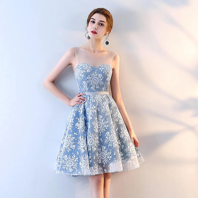 Abendkleider Blaue Gaze Blumenapplikationen HochzeitsbankettkleidTemperament Damen Abschlussball Elegante Brautjungfernkleider für Frauen