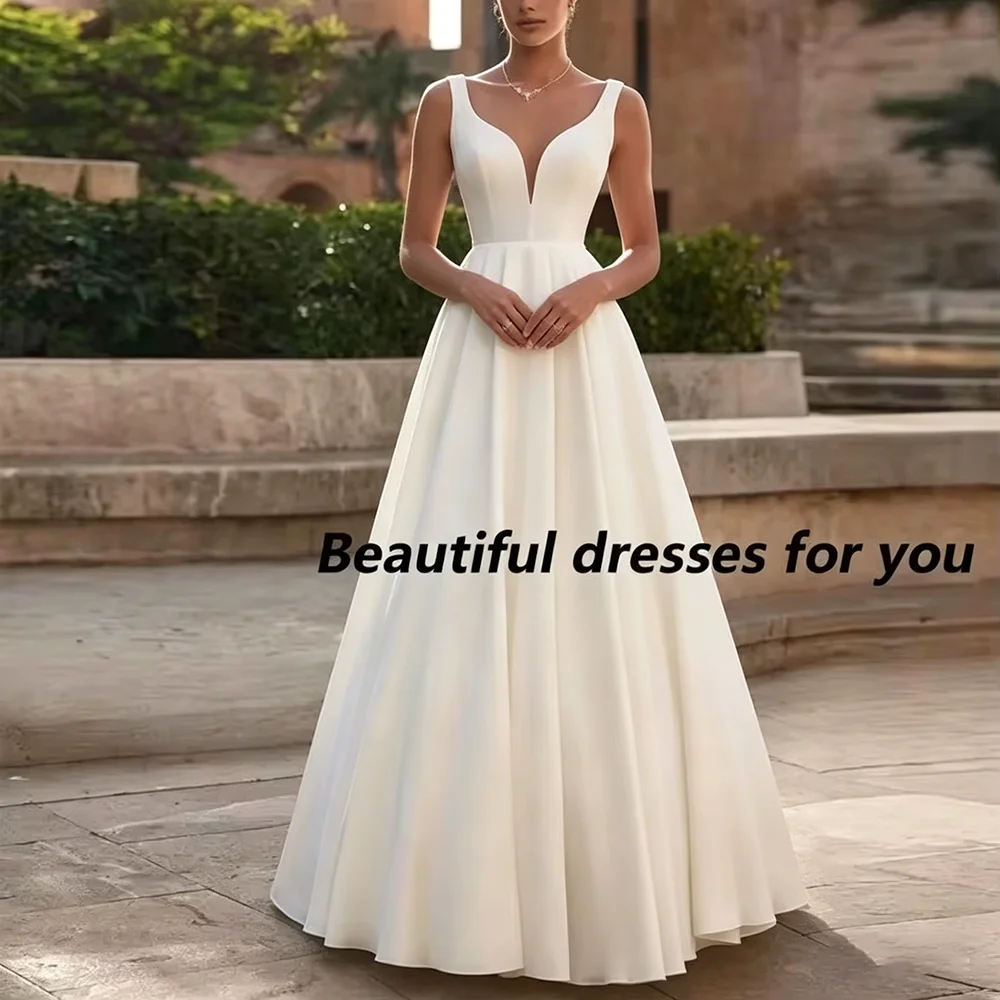 

Simple Satin Wedding Dress for Bride Customized V-Neck Backless A-line Princess Bridal Gown with Pockets Robe Vestidos De Novia