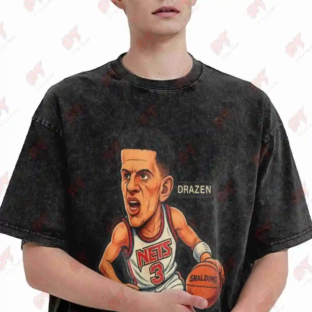Drazen Petrovic Caricature Vintage Washed Tee Pure Cotton T-Shirt
