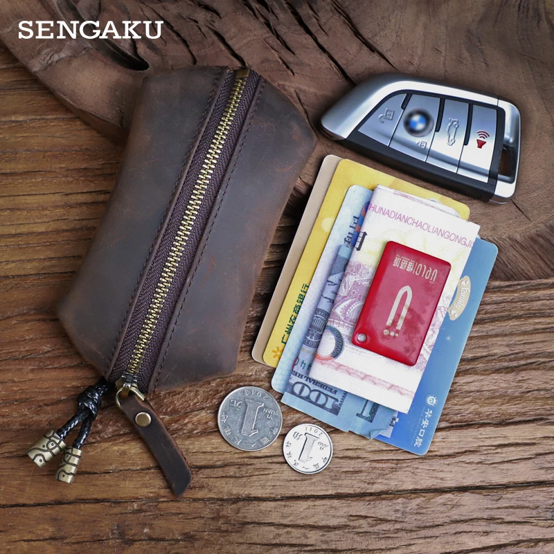 Genuine Leather Key Wallet Men Handmade Car Smart Key Holder Housekeeper Key Case Zipper Key Pocket Keychain Coin Purse Bag