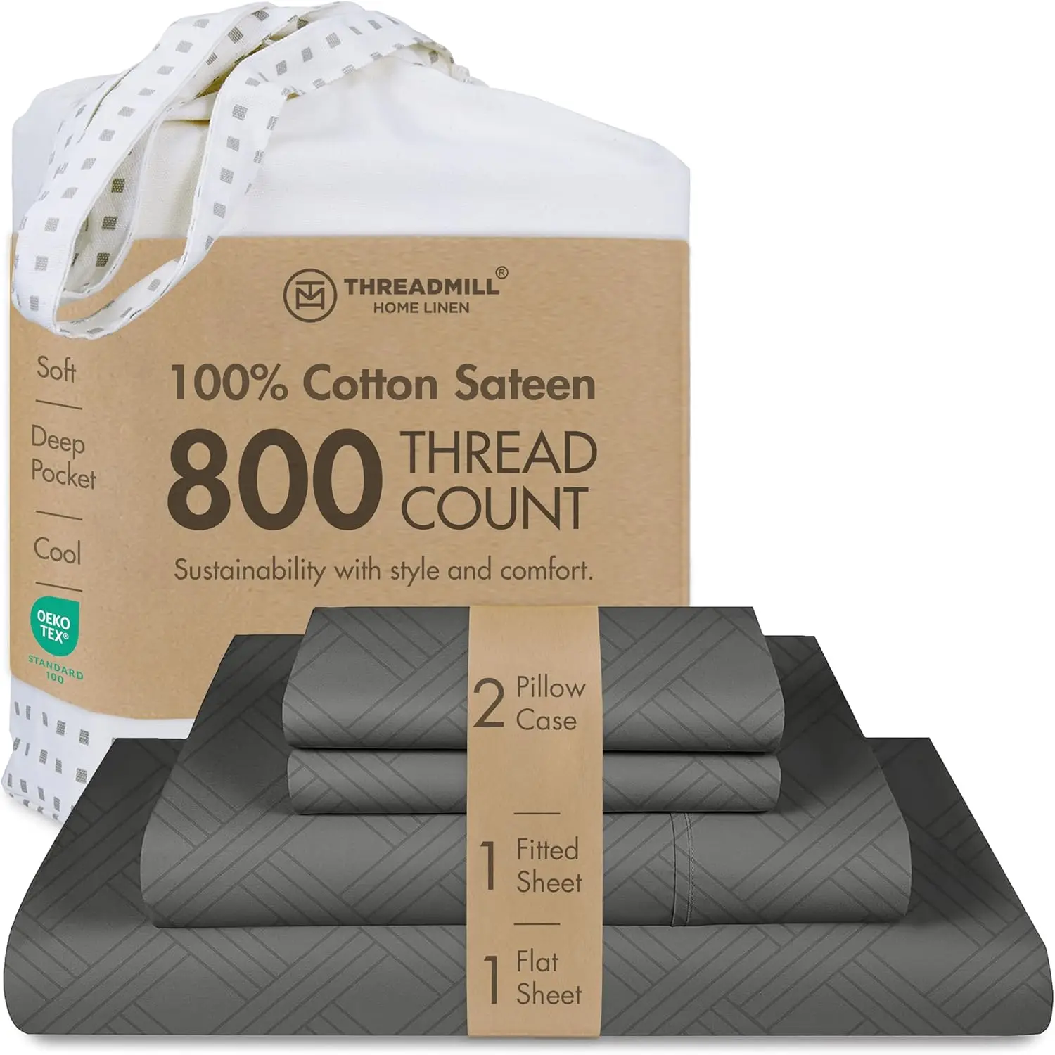 

800 Thread Count 100% Cotton Jacquard Bed Sheet Set - Deep Pocket, 4 Piece Full Size, Dark Grey