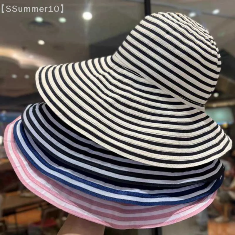 

【SSummer10】Fashion Wide Brim Foldable Summer Striped Fisherman Hat Windproof Anti-UV Sun Cap Outing Beach Hat Breathable Hat【SS】