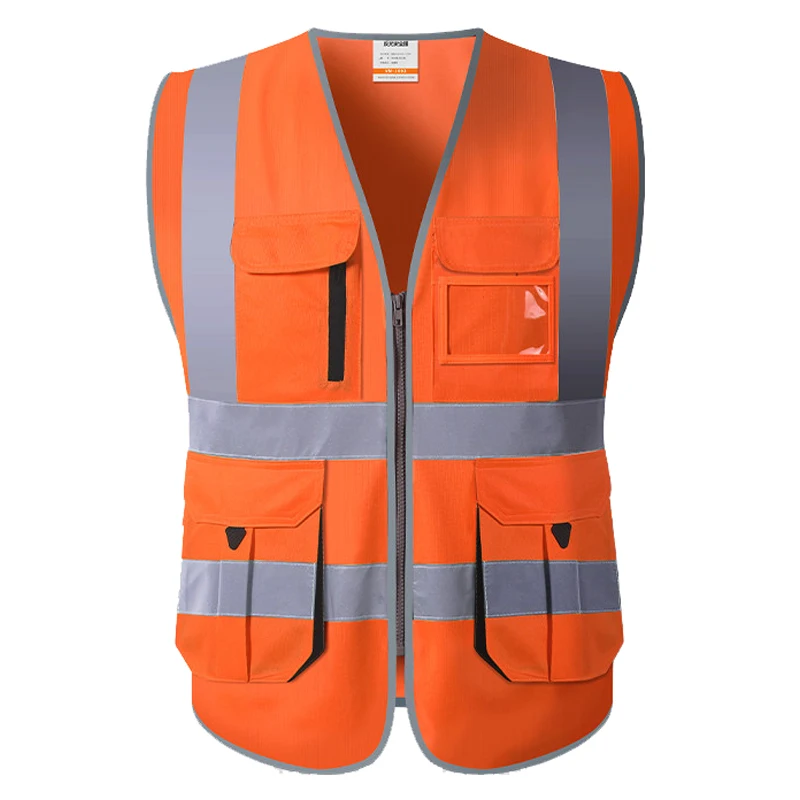 Chaleco de seguridad naranja con múltiples bolsillos, ropa de trabajo de alta visibilidad, cremallera frontal