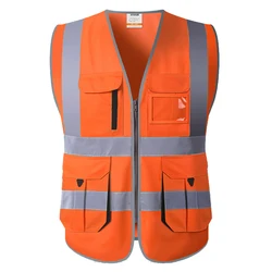 Orange Safety Vest Multi Pockets High Visibility Workwear Vest Zipper Front