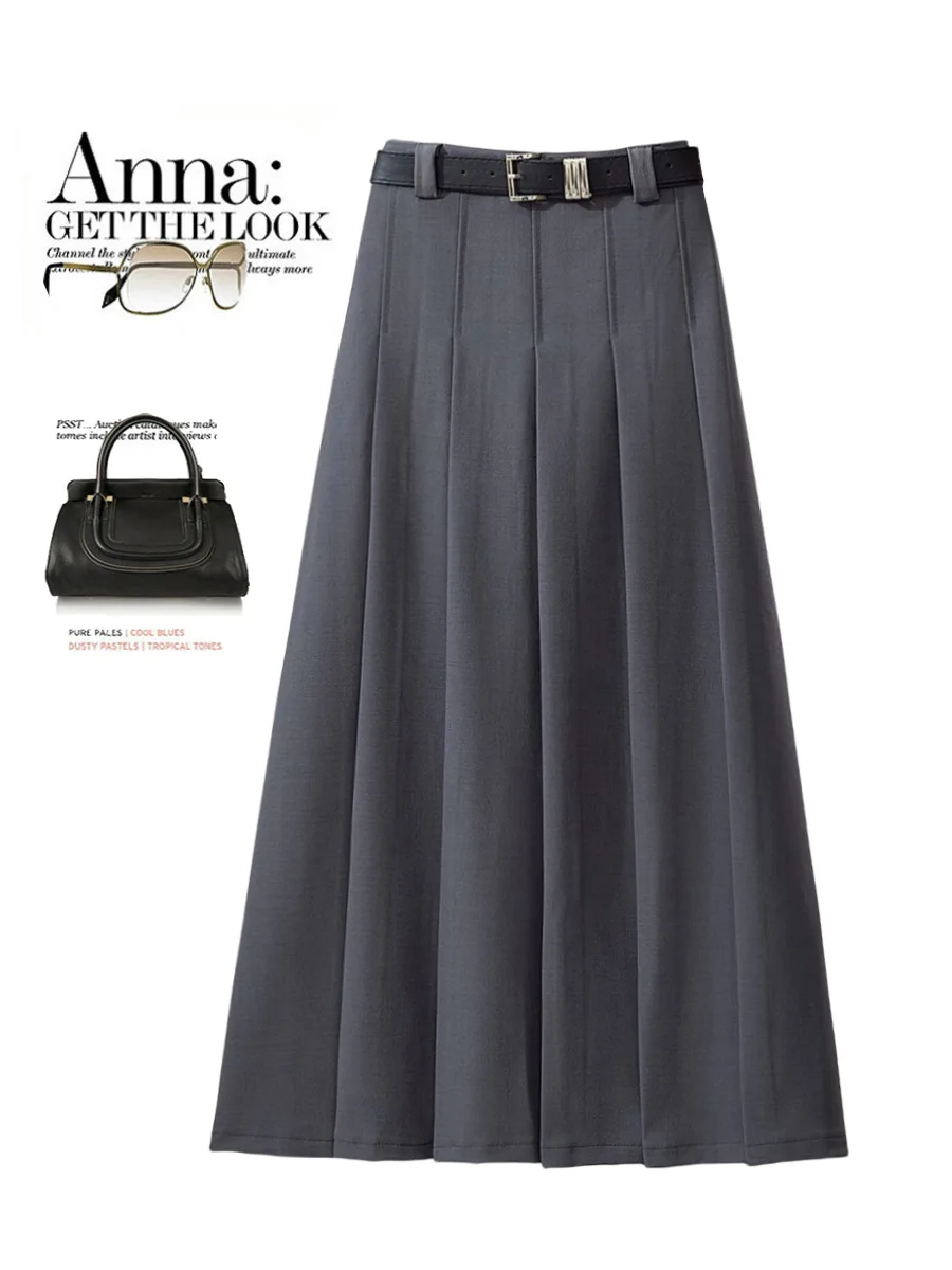 Elegant Vintage Pleated Maxi Long Skirt Women With Belt Harajuke Korean Preppy Style High Waist Slim A-Line Skirt Mujer De Moda