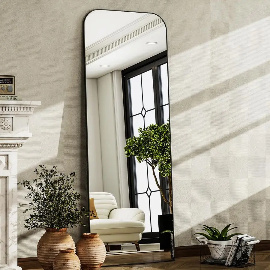 

57"x20"Full Length Mirror, Black Rounded Corner Aluminum Frame Standing Mirror, Hanging Leaning Wall Floor Mirror with Stand for