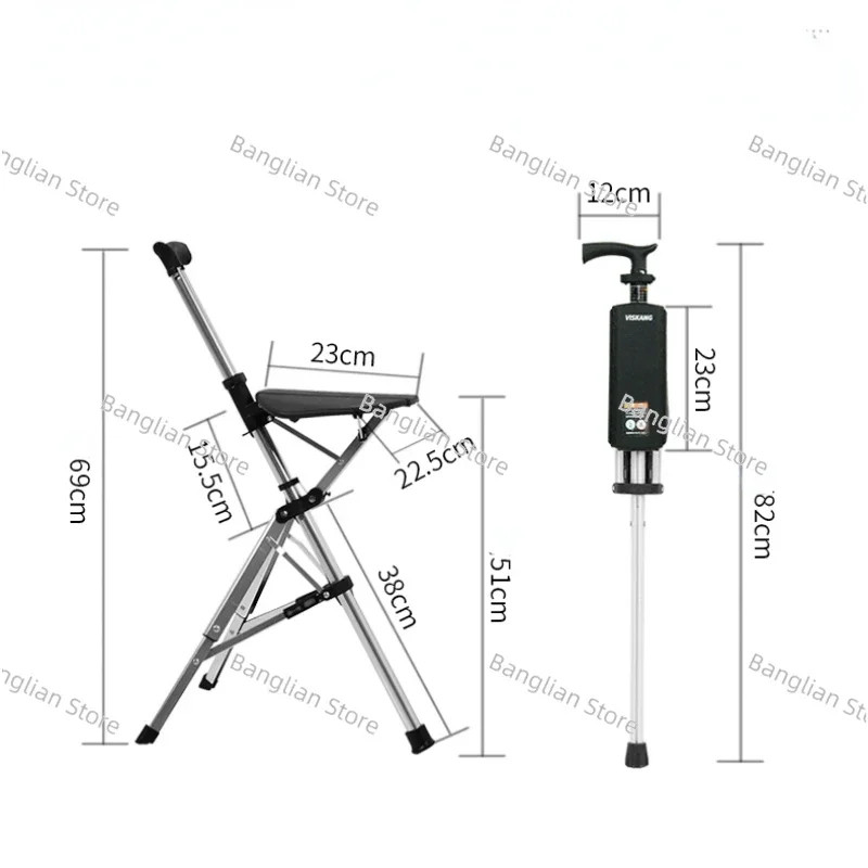 Multi-functional Non-slip Walking Stick with Seat One Key Foldable Crutch Chair Triangular Bracing Elderly Hiking Pole Walker