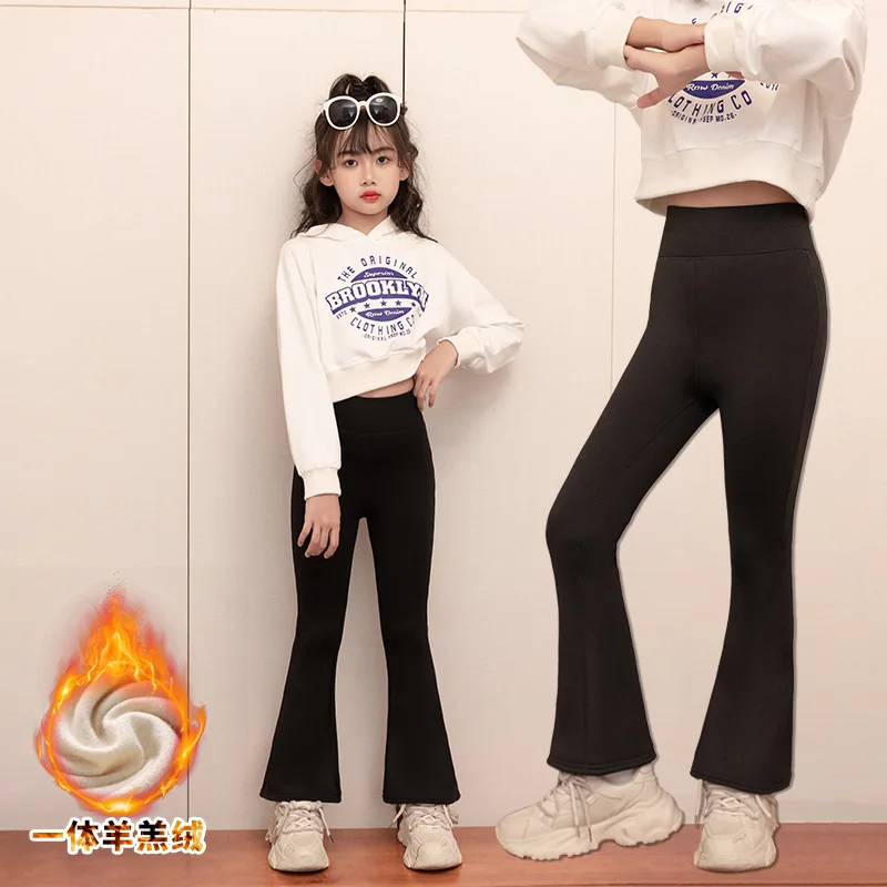 

Women's Flared Yoga Pants, Girls' Black Fleece-Lined Flared Leggings for Warmth, Suitable for Ages 7-14