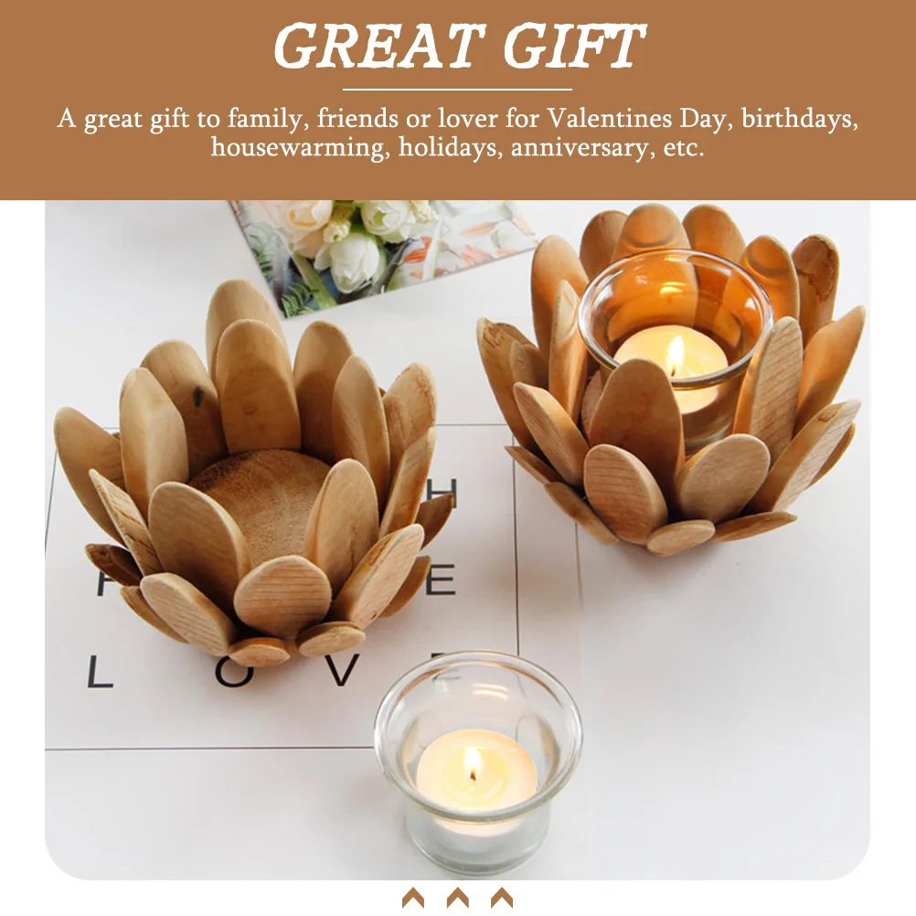 

Lotus Petal-shaped Cup Holder Decor Candlestick Wooden Glass Tea Light Home