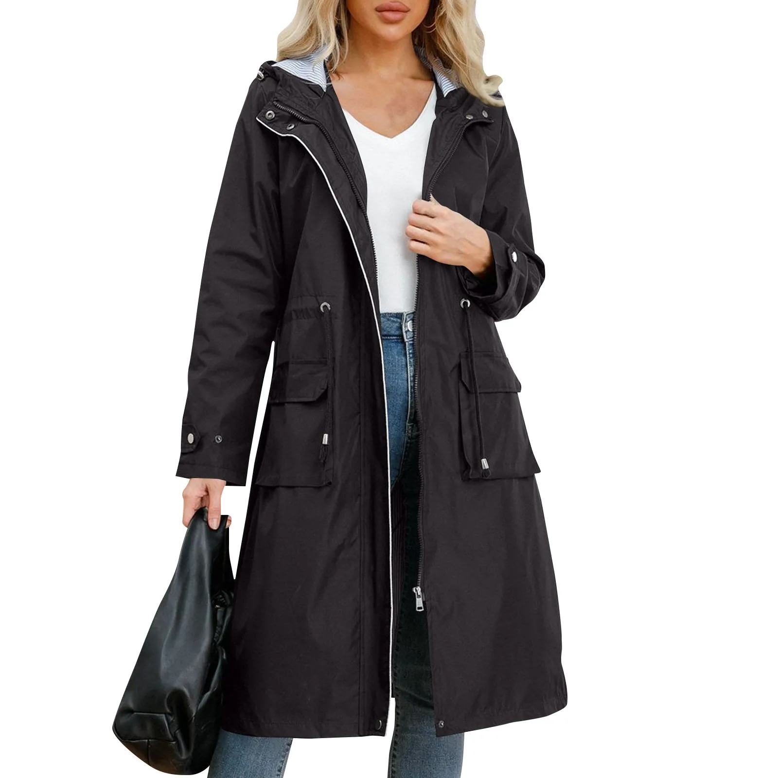 Women'S Solid Hooded Jackets Autumn New Medium Length Windbreaker With Striped Daily Causal Comfortable Straight Tube Trench