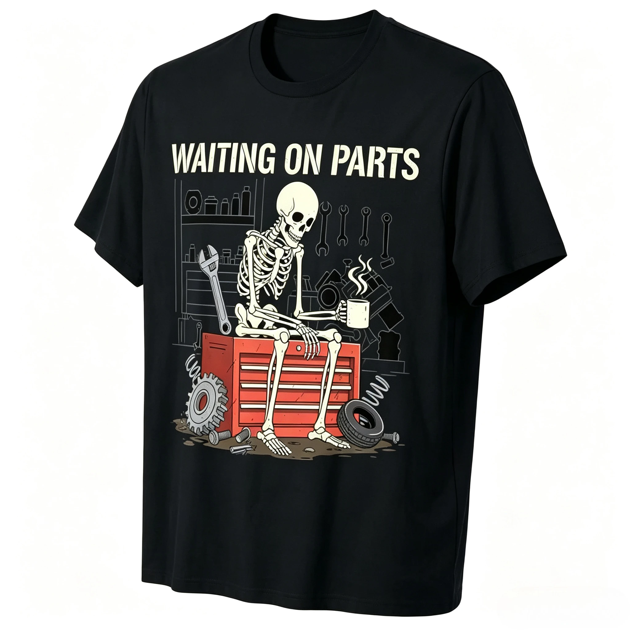Modal T Shirt Waiting On Parts Skeleton Mechanic Graphic Tees Funny Auto Repair Workshop Tools O Neck Short Sleeve Casual Tops