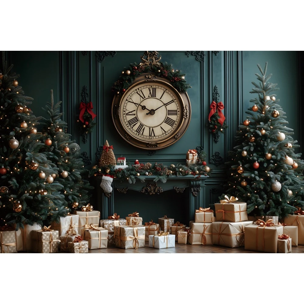 Retro Wall Christmas Clock Backdrops XMAS Tree Gifts Baby Photo Photographic Family Party Photography Background Photo Studio