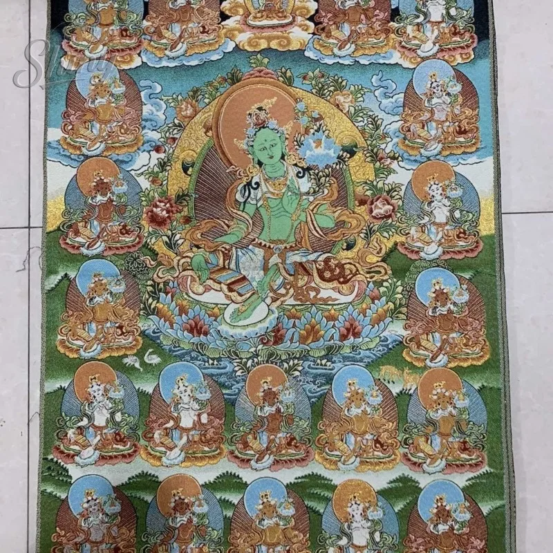 35.4″ Green Tara Statue Brocade Tibetan Tangka Embroidery Painting Gold Thread Embroidery Decorative Hanging Pictures