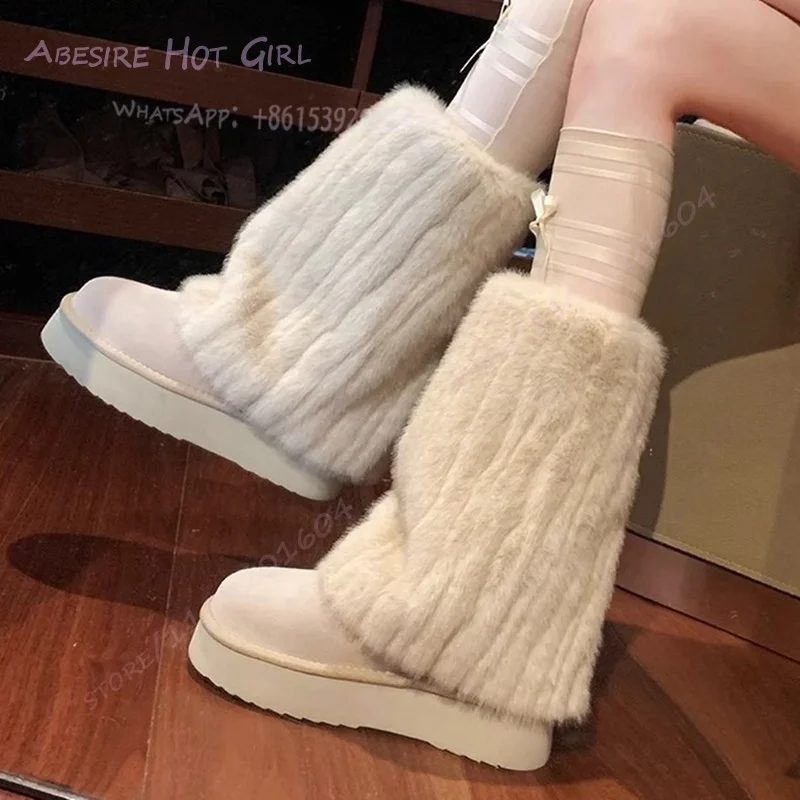 

Long Plush Grey Furry Soft Boots Women Flat Shoes Winter Warm Round Toe Stackable Calf Booties Knitted Wool Trouser Leg Shoes