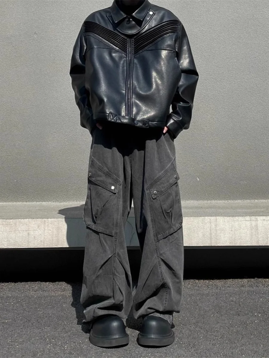 

Американские ретро плиссированные большие джинсы для рабочей одежды, мужские уличные прямые брюки в стиле хип-хоп, повседневные свободные брюки