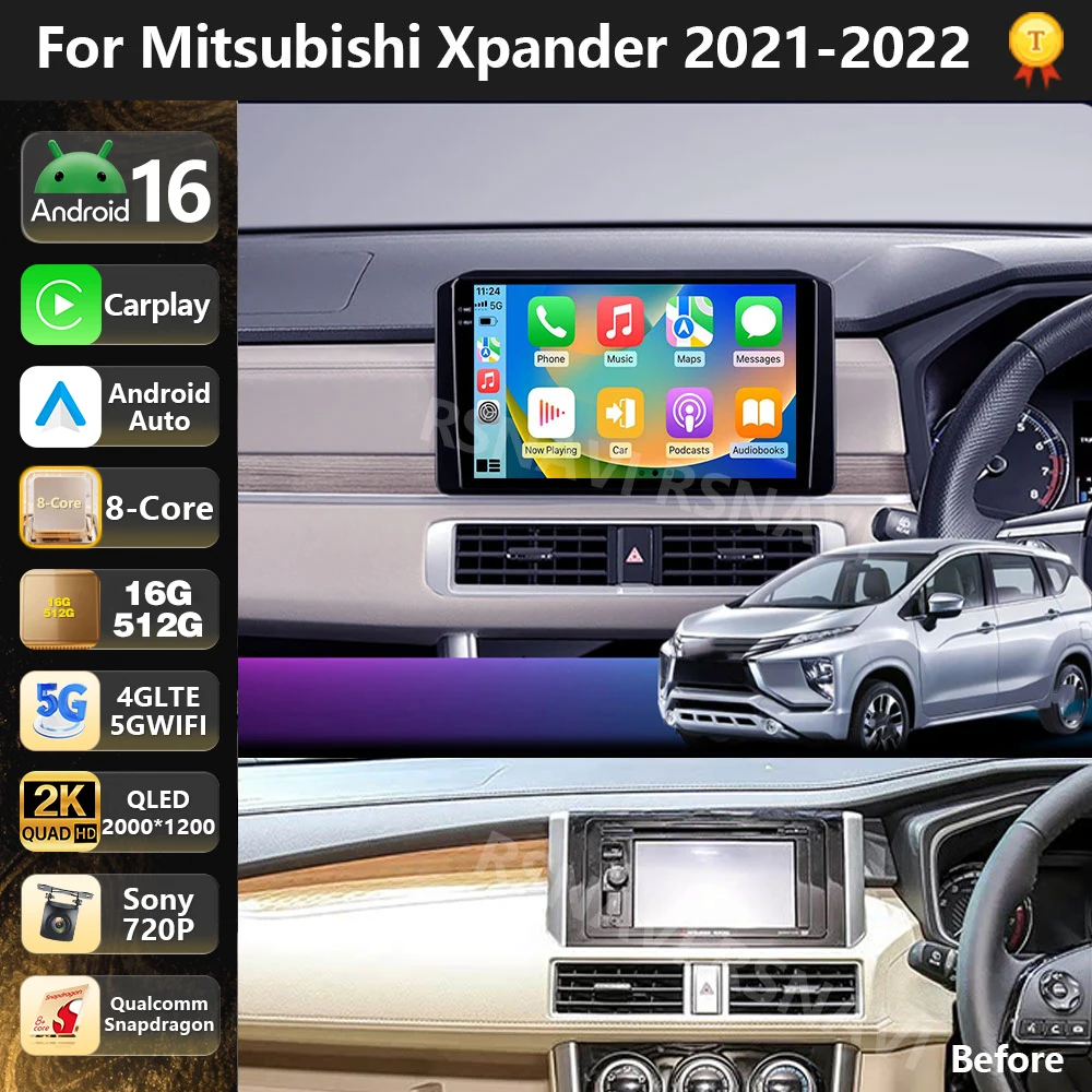 Qualcomm Android 16 Car Radio Multimedia Player For Mitsubishi Xpander 2021-2022 Auto Carplay Stereo Navigation WiFi4G 2 Din Bt