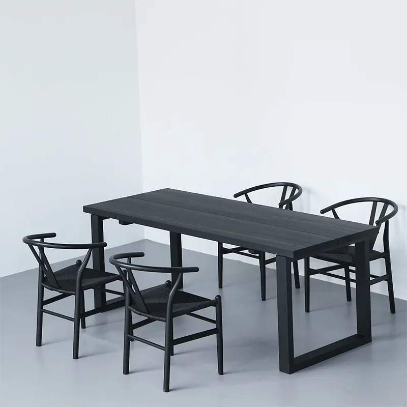 Black All-solid Wood Dining Table And Chairs Rectangle Log Dining Table Household Ash Wood Wind Minimalist Workbench