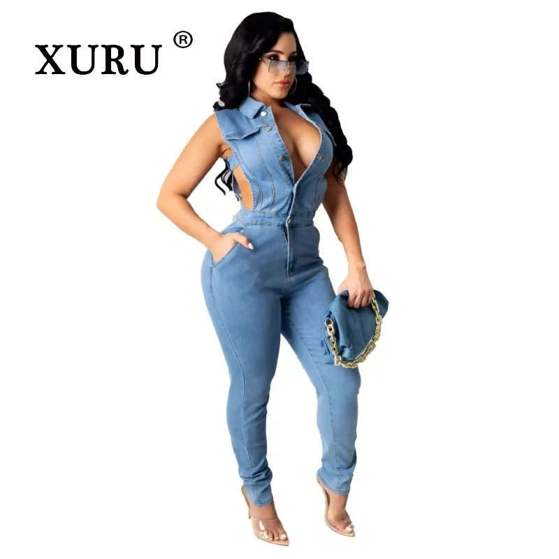 

XURU-Hollow Fit Jumpsuit for Female, European and American Style, Sexy Fashion Jeans, Commuter, N7-6087