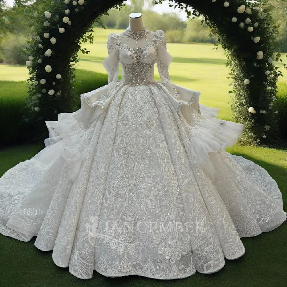 

Jancember Ladies Long Sleeves Satin And Organza Wedding Dress Ball Gown Skirt Custom 2024 Bridal Dress vestido novias boda MN229