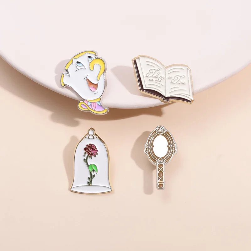 Disney Cartoon  Beauty and the Beast Pins for Backpack Bag Hat Cute Rose Flower Mirror Brooch Badges for Fans Collection Gifts