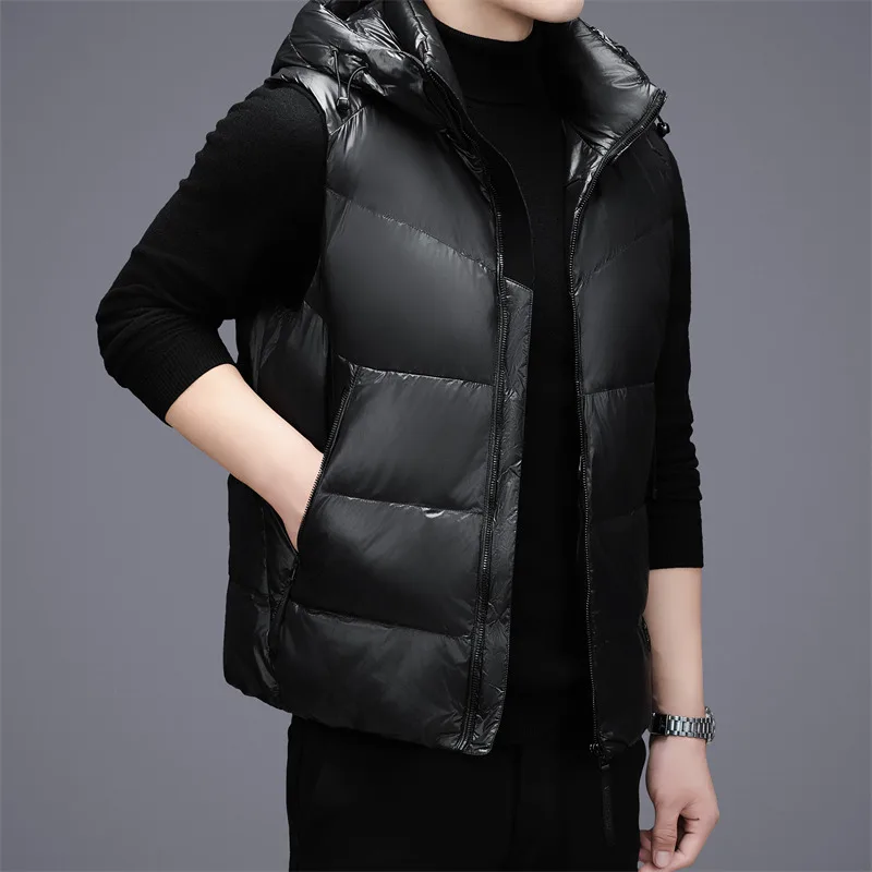 New Autumn Winter Men 90% White Duck Down Vest Hooded Sleeveless Jacket Shiny Black Warm Puffer Waistcoat Casual Outerwear Gilet