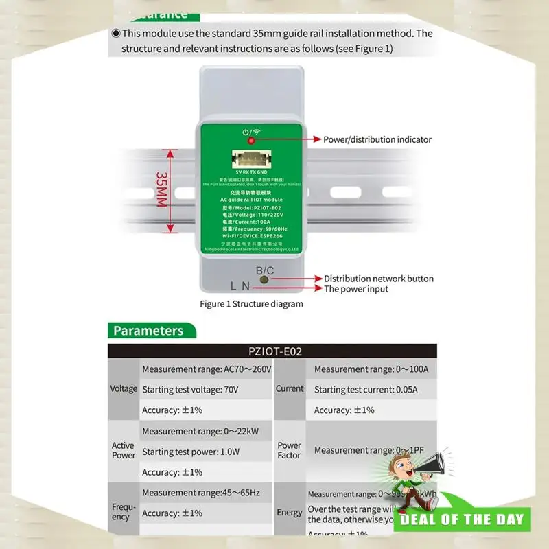 تسليم 24 ساعة Peacefair PZIOT-E02 التيار المتناوب مرحلة واحدة Din السكك الحديدية متر واي فاي الطاقة السلطة متر الكهربائية Wattmeter Tasmota Esphome F