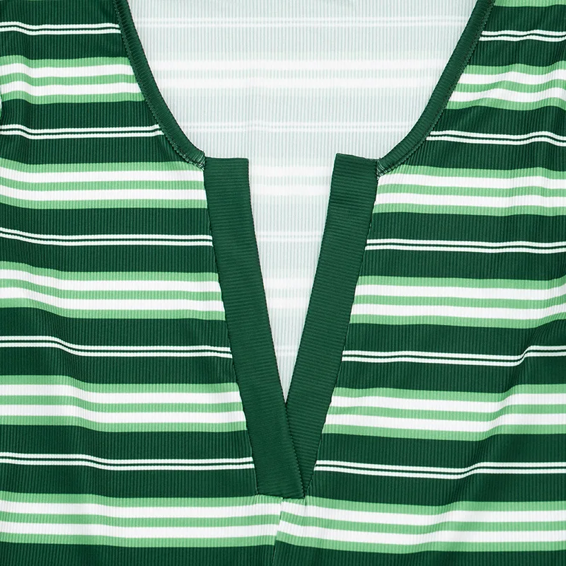 JENYAGE Damen Gestreifter Gerippter Romper mit Tiefem V-Ausschnitt, Langen Ärmeln, Figurbetonter Kurzer Overall, Sexy Club-Outfit, Brauner Streifen, Einteiliger Playsuit – Detail 13