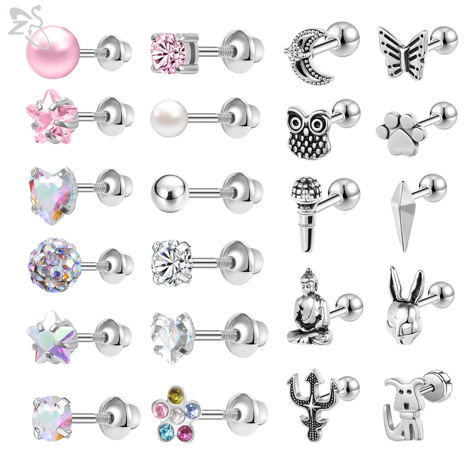 Aodej-ステンレス鋼のスタッドイヤリング,スター,ハート,czクリスタルイヤリング,耳珠,ヘリックス,ピアスジュエリー,16g,20g,1ピース