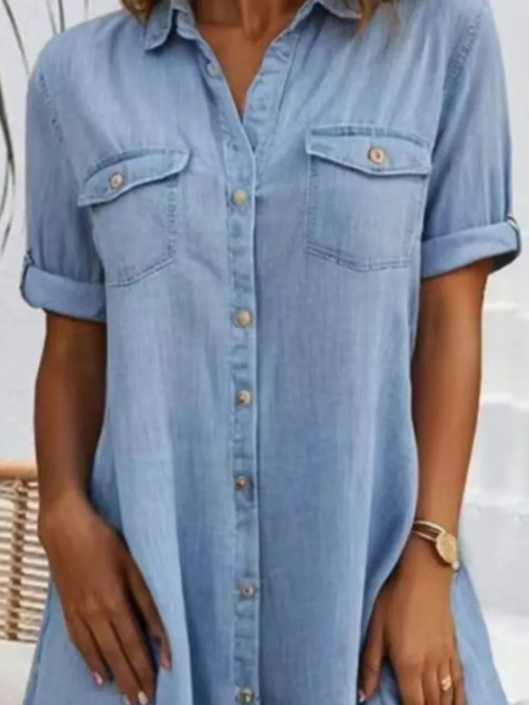 Verão único breasted camisa vestido feminino casual solto bolso simples retro vestido feminino escritório vestidos de cor sólida