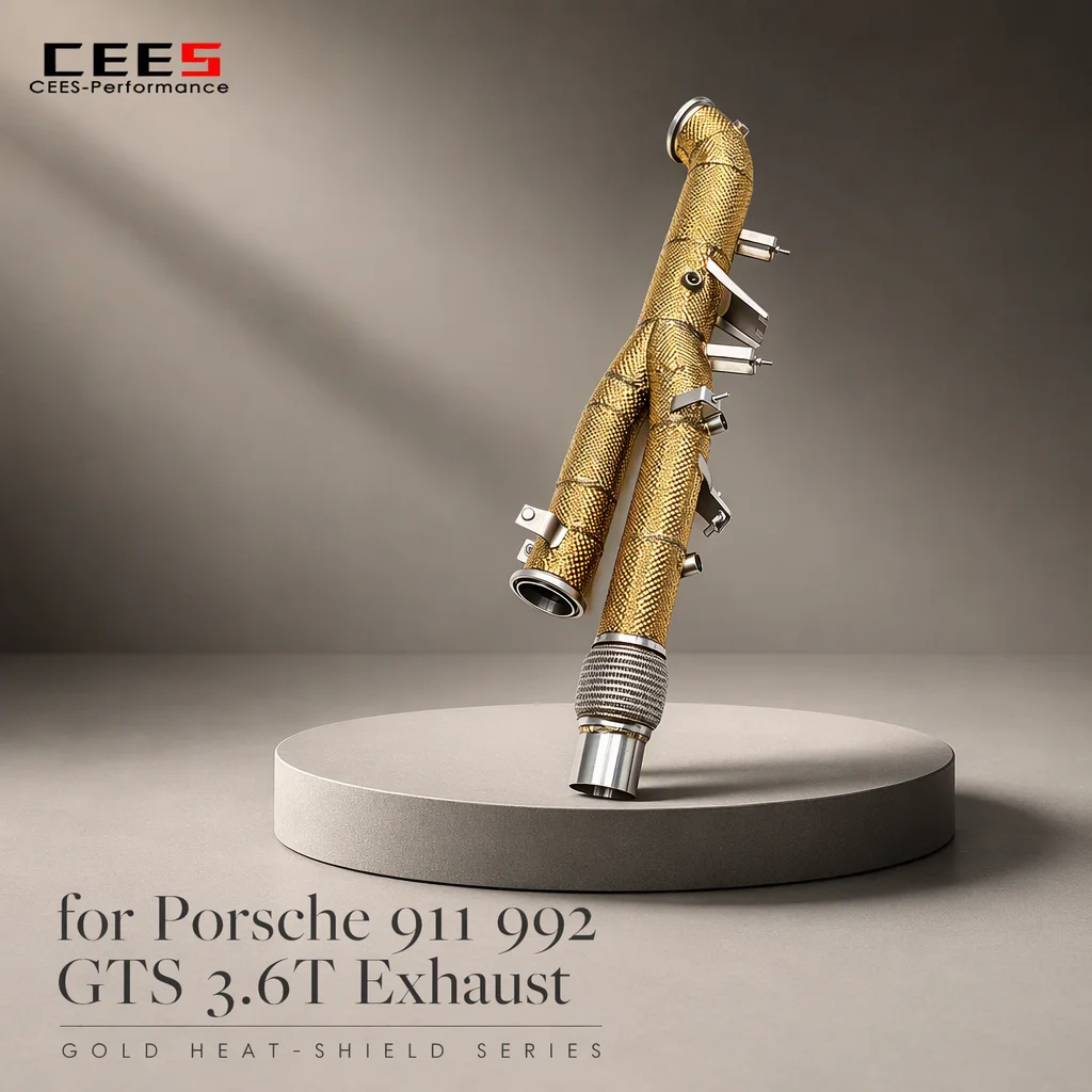 CEES Stainless Steel Exhaust Header Downpipe 2025 Racing Free Flow Pipe with Golden Insulation for Porsche 911 992 GTS 3.6T