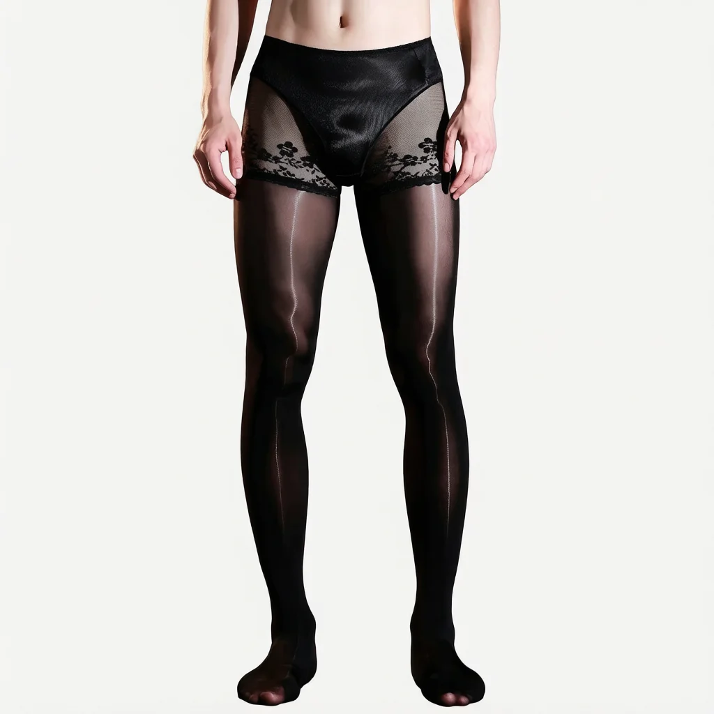 Men's Ultrathin Oil Shiny Pantyhose Fashion 2 In 1 Underpants Patchwork Tights Man Shaping Leggings Elastic Lingeries view 5