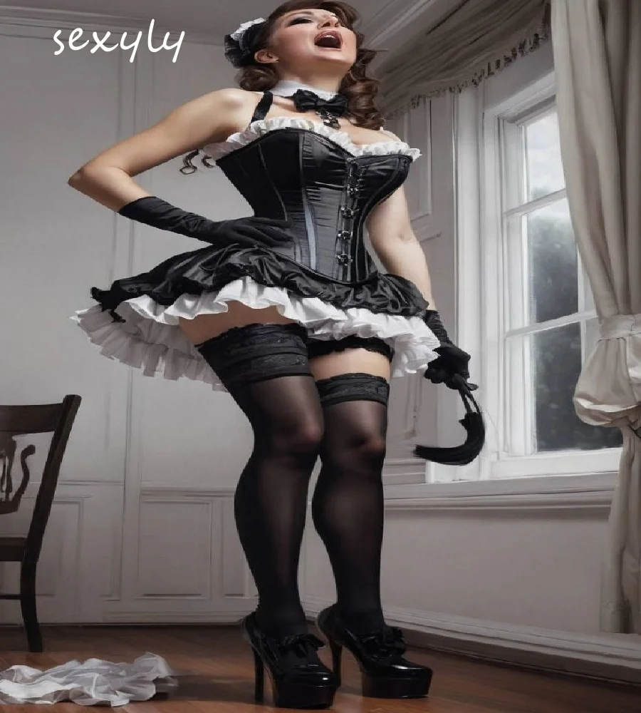 

Черно-белое платье для выпускного вечера горничной 2025, мини-короткое готическое вечернее платье в стиле стимпанк, карнавальный костюм, коктейльное платье по индивидуальному заказу