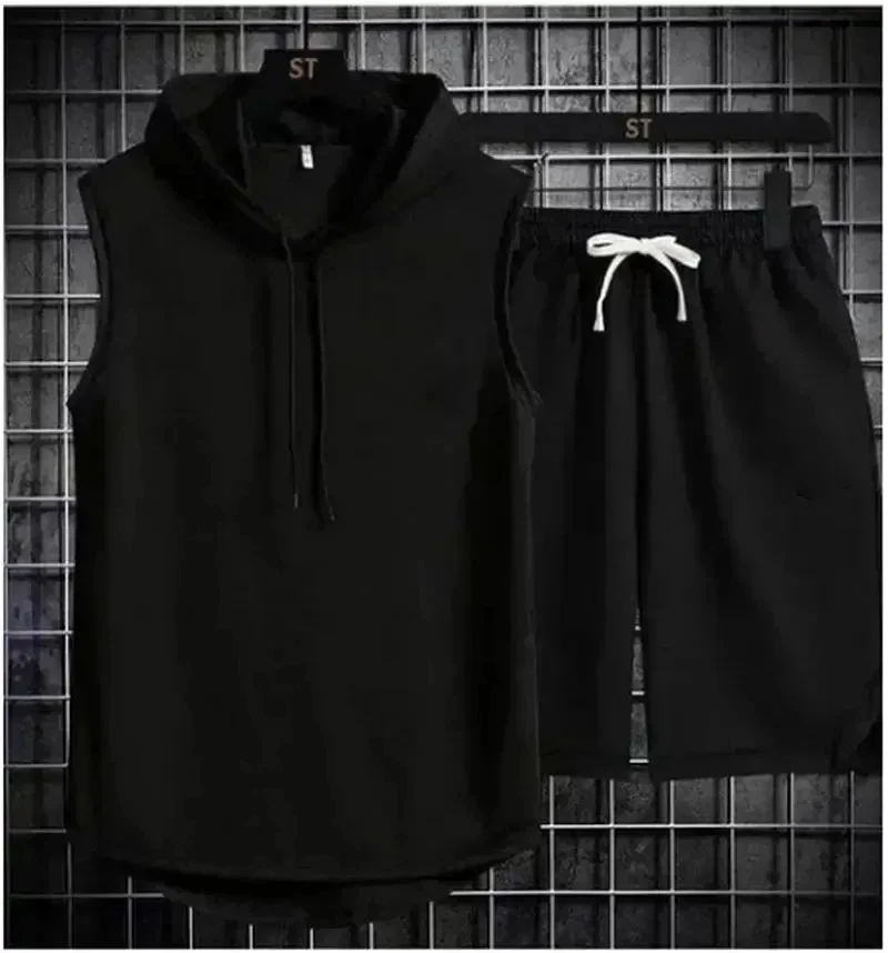 Men's oversized tracksuit, sleeveless hooded T-shirt, shorts, sports vest, two-piece suit, gym sweatpants, new for summer