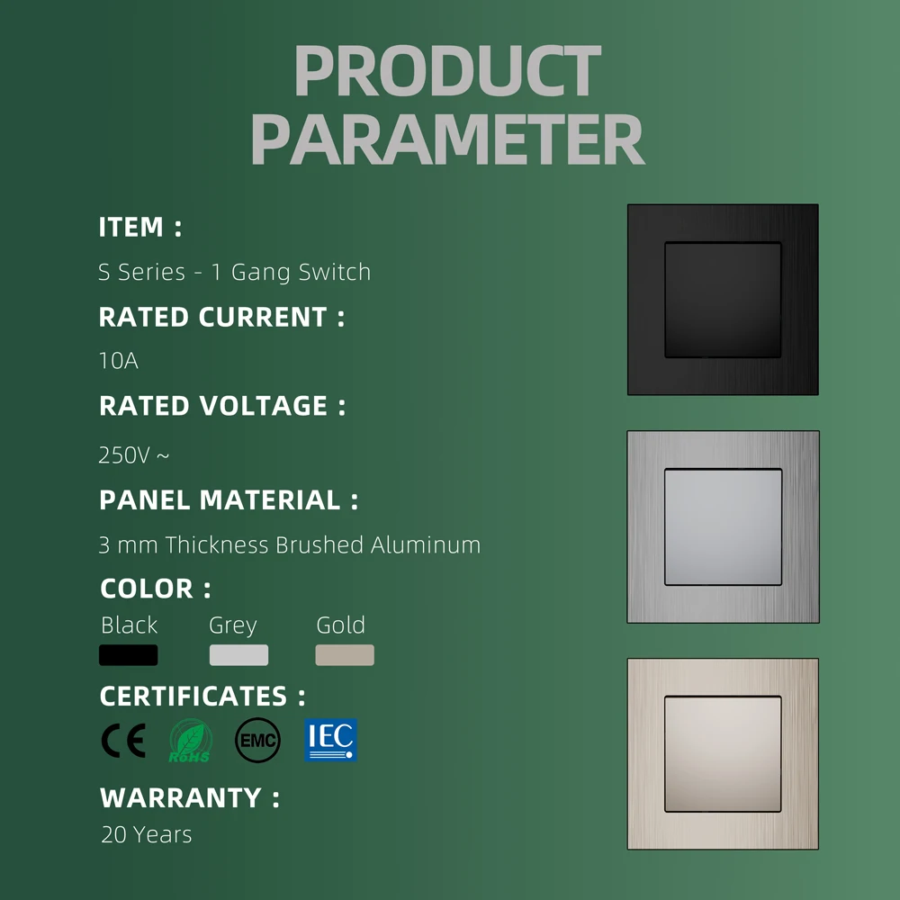 EU standard switch socket 86*86mm black gold grey one open single control dual control switch aluminum brushed panel with ce