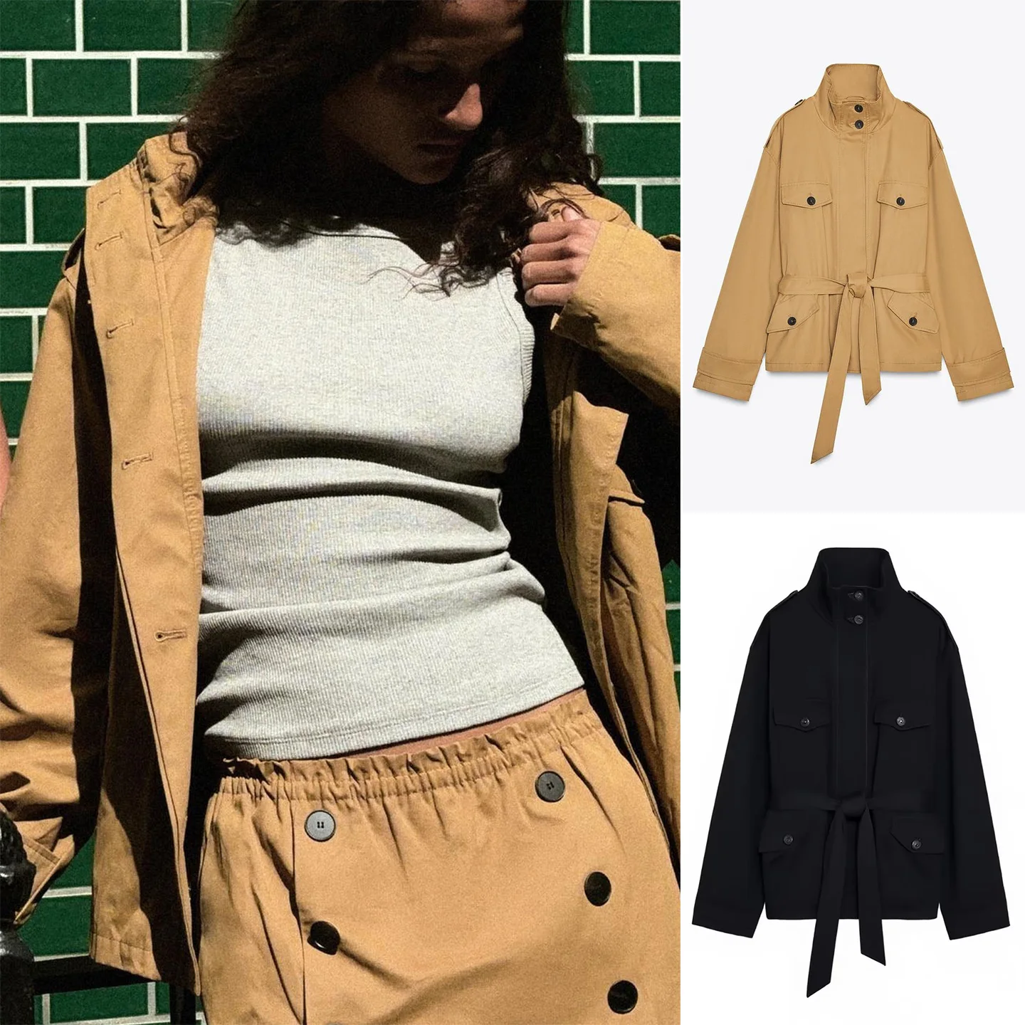 

Simple Sle ort Length Windbreaker Coat with Stand Collar Long Sve Knot Waist Belt Autumn Commute Polyester F...