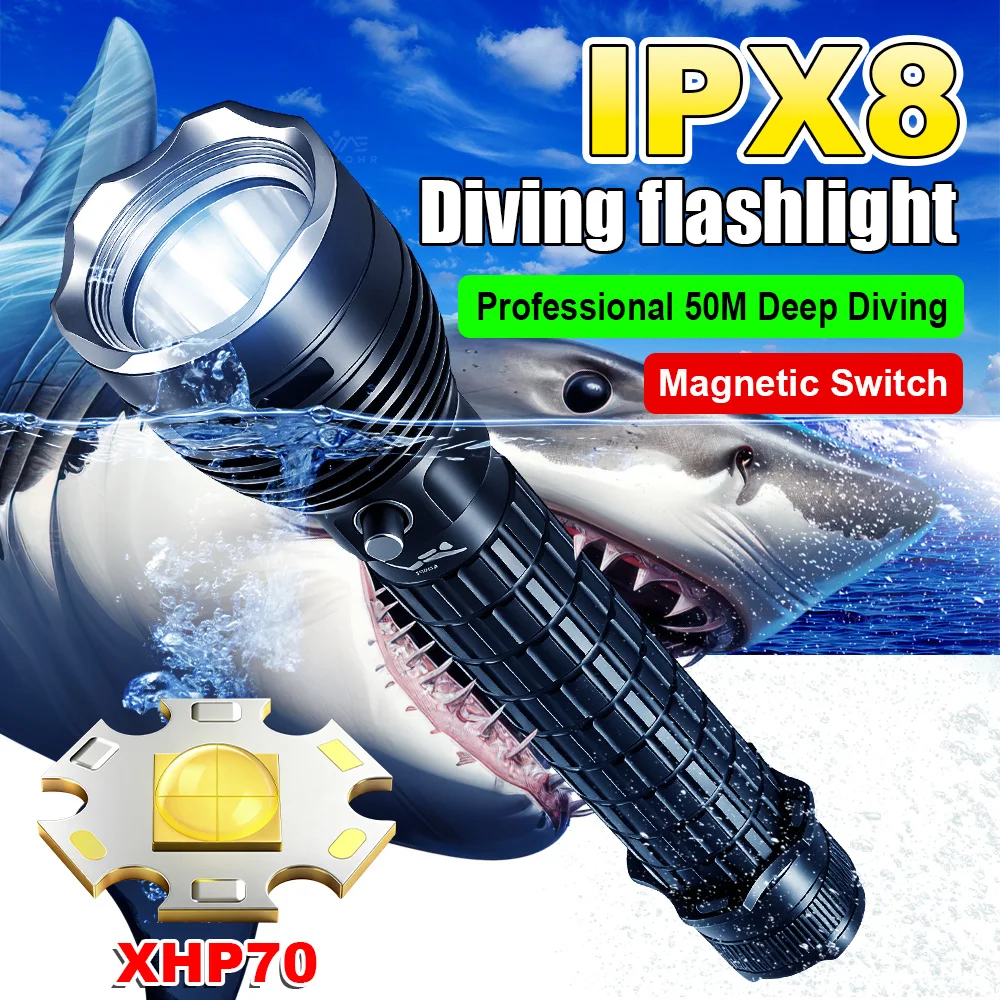 

Профессиональный подводный фонарь XHP70 для дайвинга на глубину до 50 м, водонепроницаемый IPX8, с магнитным выключателем, для подводного плавания и экстренных ситуаций