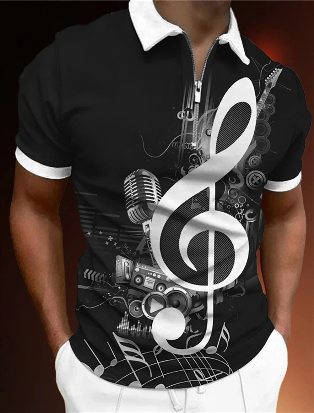 Men T-Shirt Zip Polo Men\'s Tops Golf Graphic Prints Music Notes Light Short Sleeves Zipper Print Clothing Apparel Fashion Casual