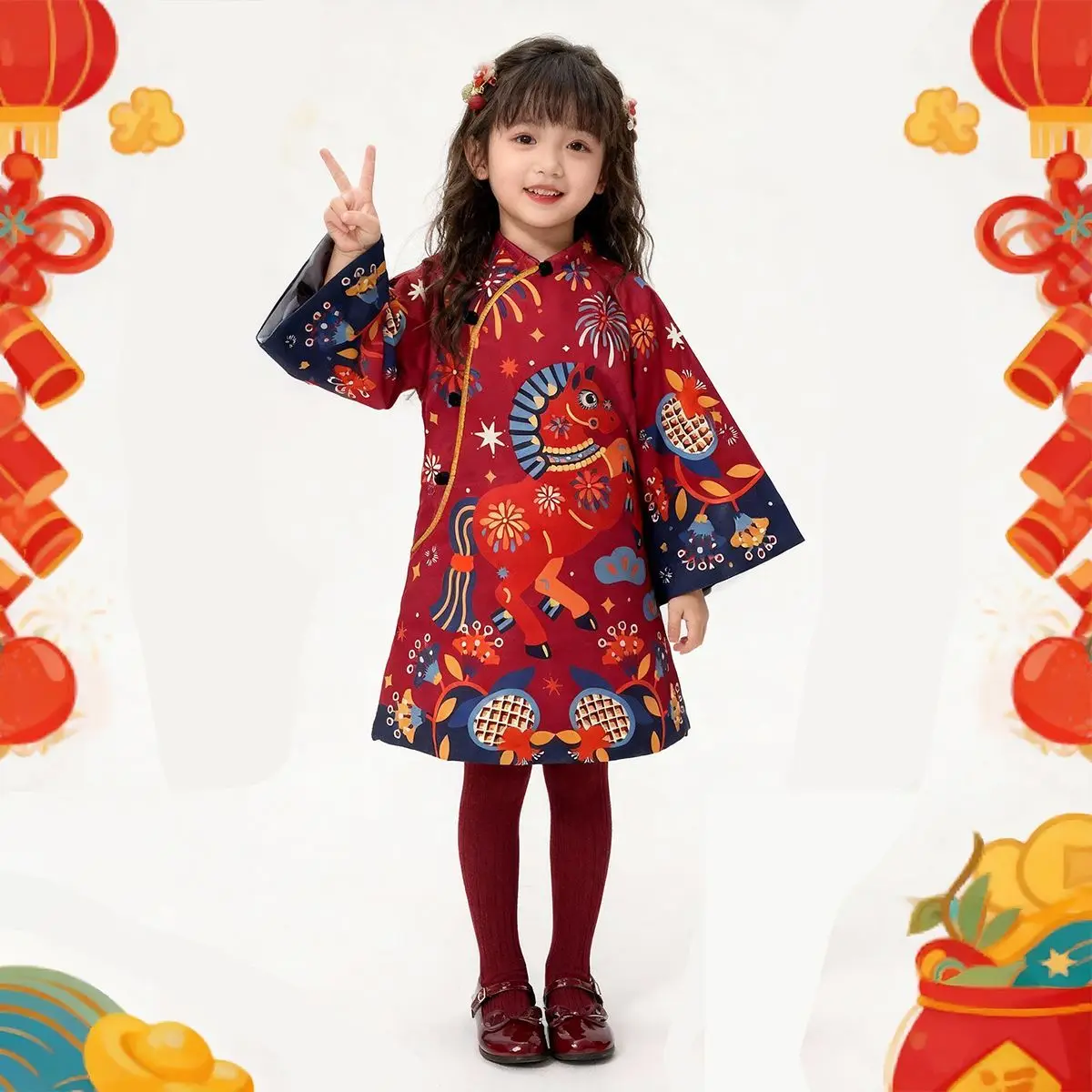 Sukienka w nowym chińskim stylu na zimę 2026 dla dziewczynek - inspirowana Qipao i Hanfu, suknia Tang, strój Cheongsam na Chiński Nowy Rok dla dzieci