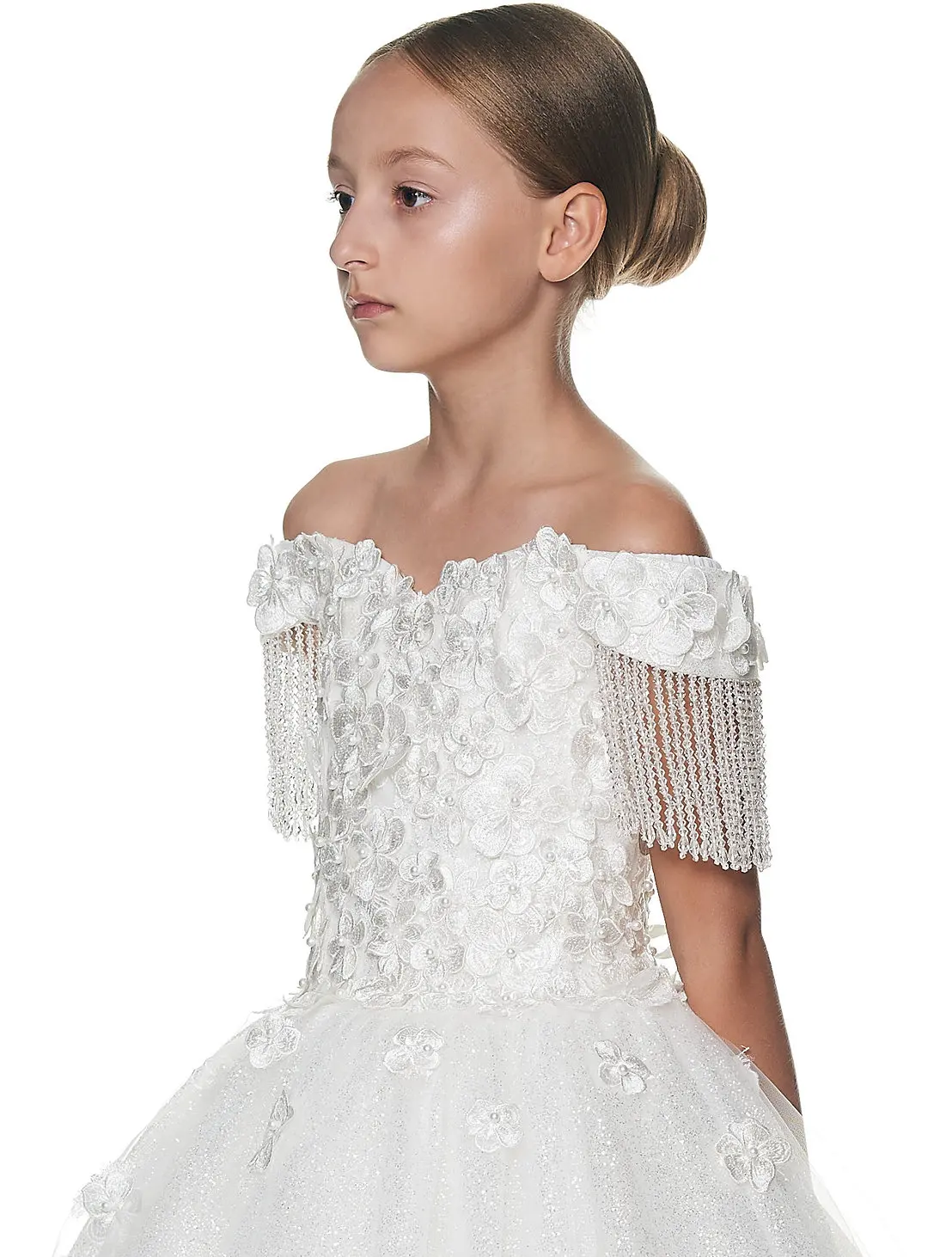 Fata paese Glitzer Blumen mädchen Kleider Taufe Kommunion Party Kleid Blumen aus Schulter Spitze Bluse mit Kristallen Quaste Hochzeit