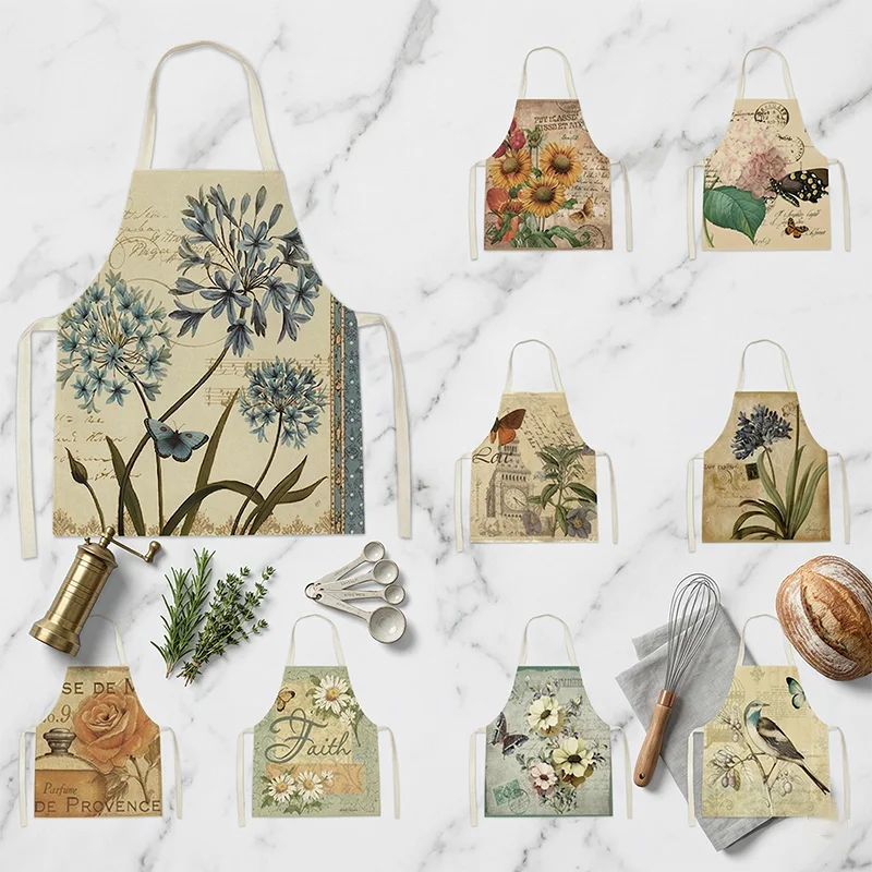 

Vintage Botanical Flower Print Apron French Country Sunflower Butterfly Kitchen Cooking Smock Cotton Linen Gardening Bib