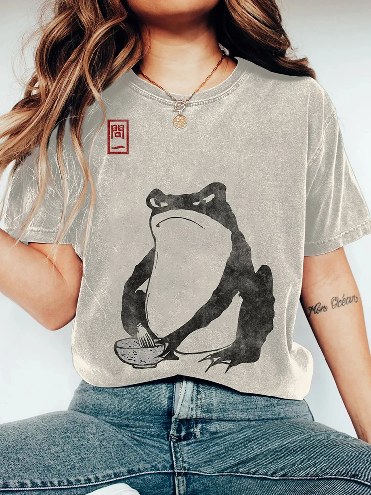 XXS-6XL Plus La Taille T-Shirt À Manches Courtes Col Rond Femmes Mode D'été Rétro Japonais Art Fleur Tigre Grenouille Imprimé Haut Décontracté