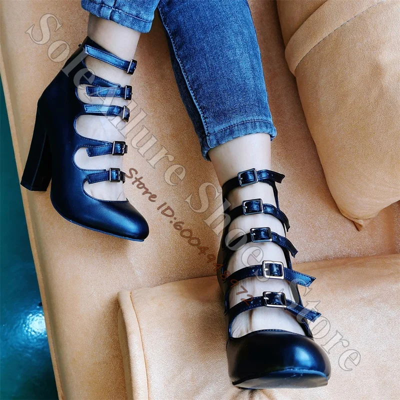 Gothic Vintage Ladies High Block Heel Ankle Booties Round Toe Black PU Upper Multi Hollow Straps Metal Buckle Sandal Boots