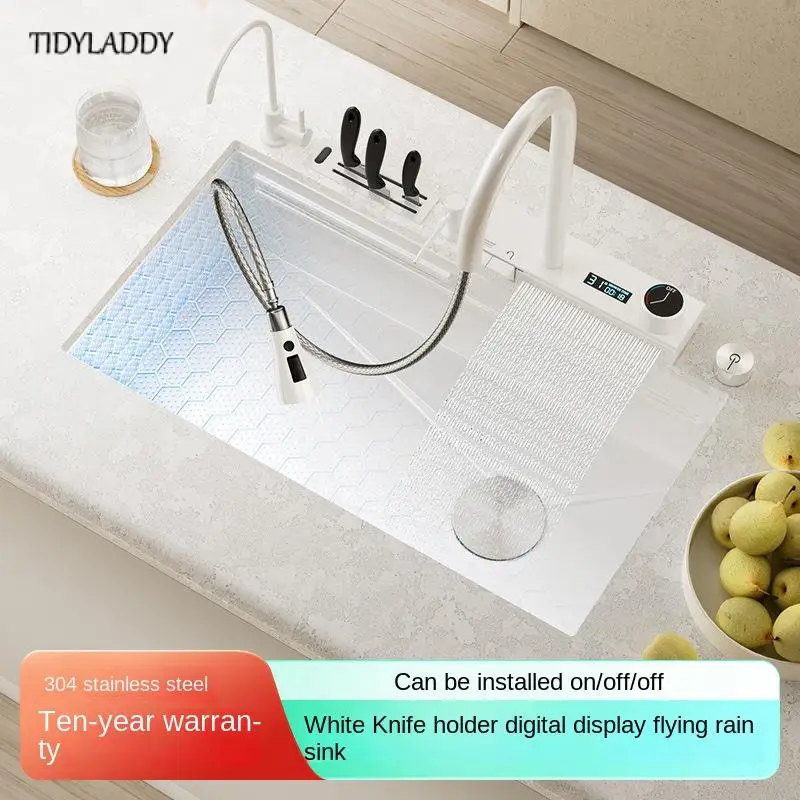 White Stainless Steel Waterfall Kitchen Sink Above Counter or Under Sink Simple Style Large Single Slot Kitchen Accessories