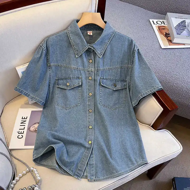 Camisa vaquera Retro para mujer, chaqueta de manga corta con solapa de un solo pecho, camisas informales azules versátiles a la moda para mujer