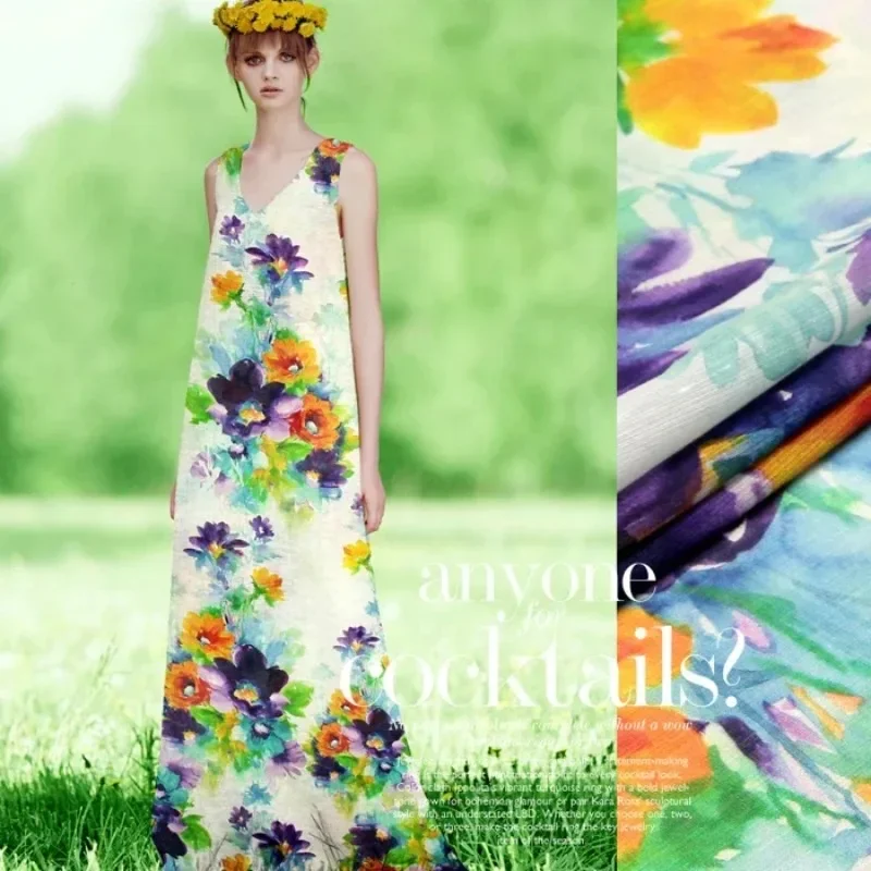 

140cm Wide 13.5mm Flower Green Leaves Print Silk Linen Fabric For DIY Summer Shirt Dress a Little Transparent Stiff Fabric R1623