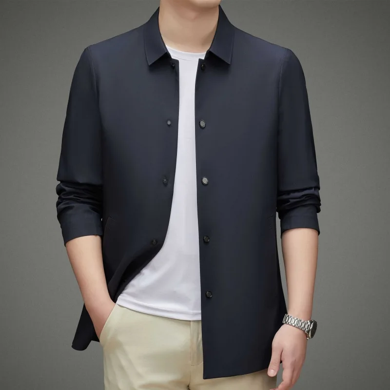 

Мужская повседневная шелковая куртка на пуговицах с воротником, весна-осень, для среднего возраста, деловой стиль, длинный рукав, приталенный крой, средней длины, в китайском стиле