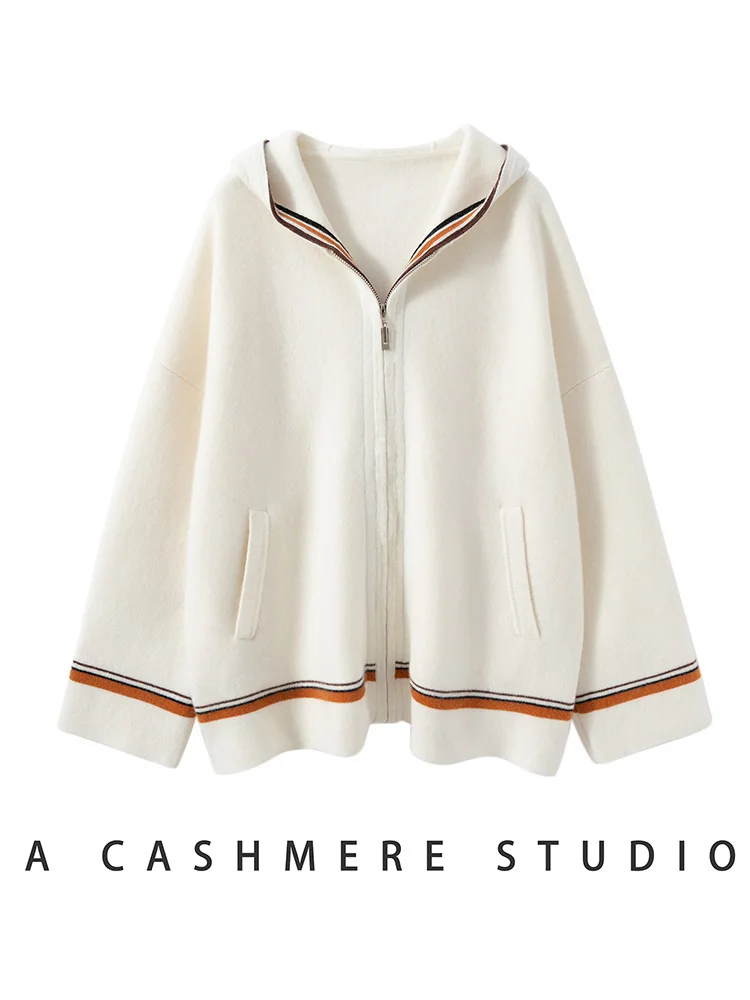 

Шикарный женский осенне-зимний свитер-кардиган с подкладкой, контрастной молнией и капюшоном, 100% кашемировый трикотаж, толстый повседневный топ