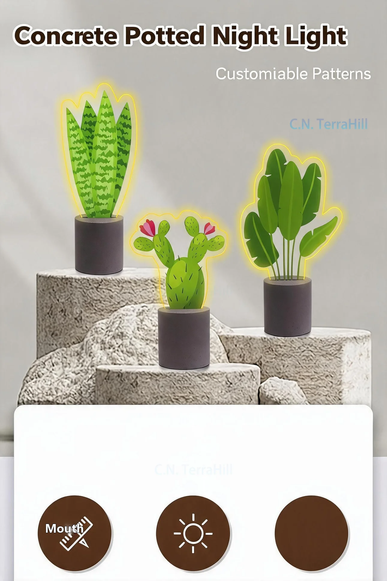 Artificial Tiger Skin Sansevieria Plant Pot with LED Night Light Cement Decorative Ornament Gift for Home Office